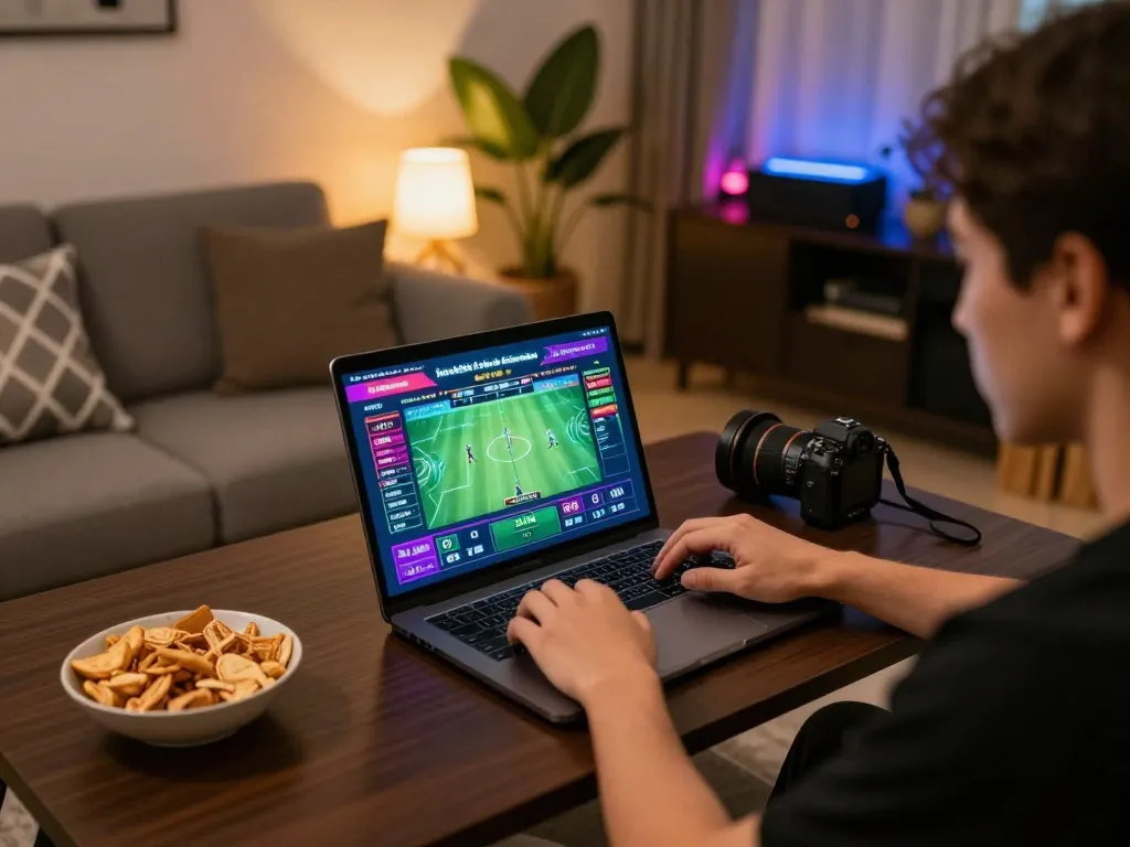 Person engaged in sports betting with laptop showing kèo nhà cái hôm nay, featuring a cozy gaming atmosphere