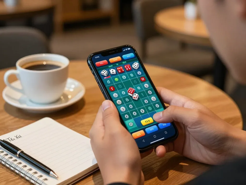Engaging gameplay of tài xỉu online uy tín on smartphone, with cozy café setting and strategic notes.