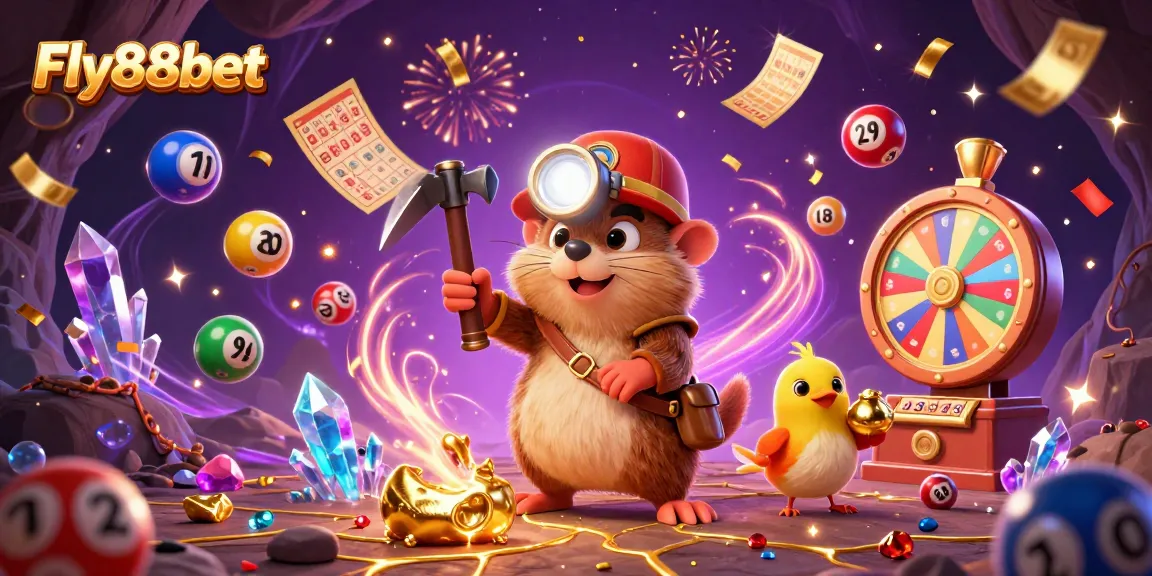 Engage with Fly88bet's vibrant lottery adventure featuring a treasure hunter and dynamic game elements.