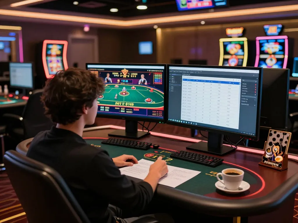 Engaged player enjoying km777 online casino on dual monitors with strategic notes, creating an immersive gaming atmosphere.