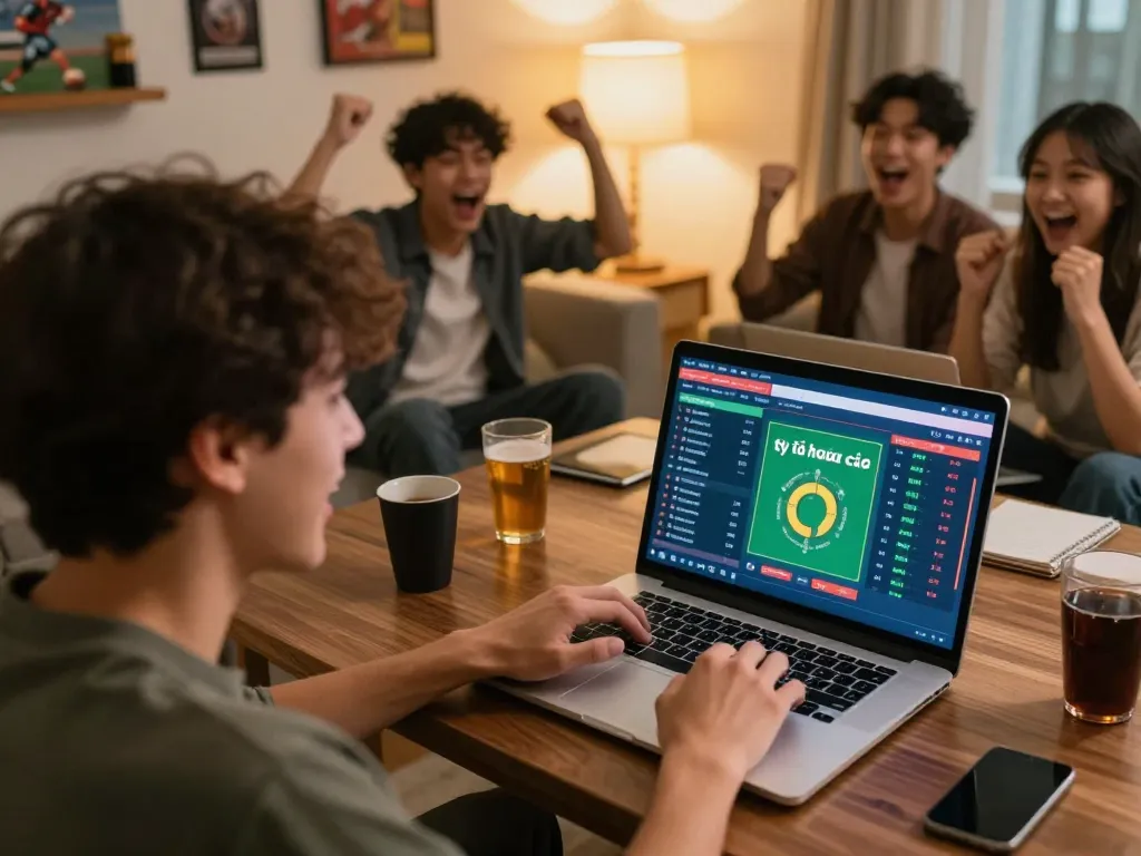 Enthusiast engaging in online sports betting, showcasing tỷ lệ nhà cái on laptop screen with friends cheering.