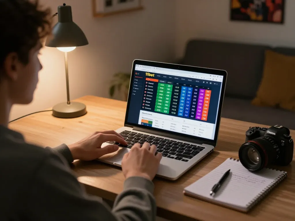 An engaged bettor using the 11bet platform for live sports betting at home with strategy notes visible.