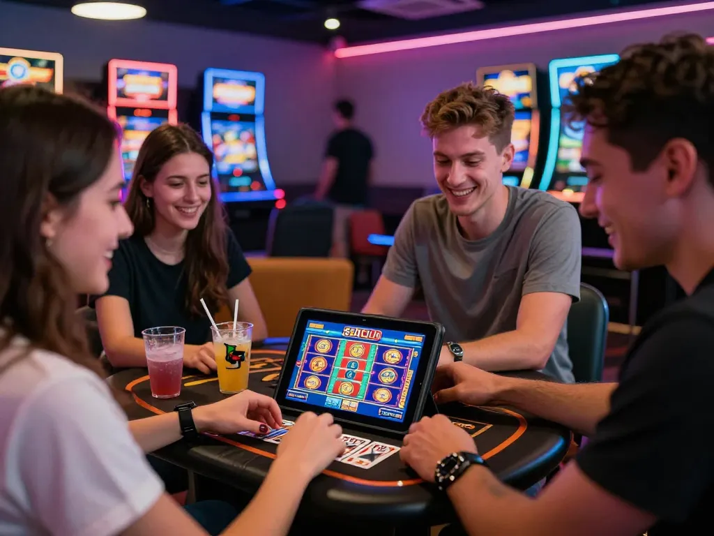Friends enjoying a lively game session at 789club, featuring vibrant digital displays and a social atmosphere.