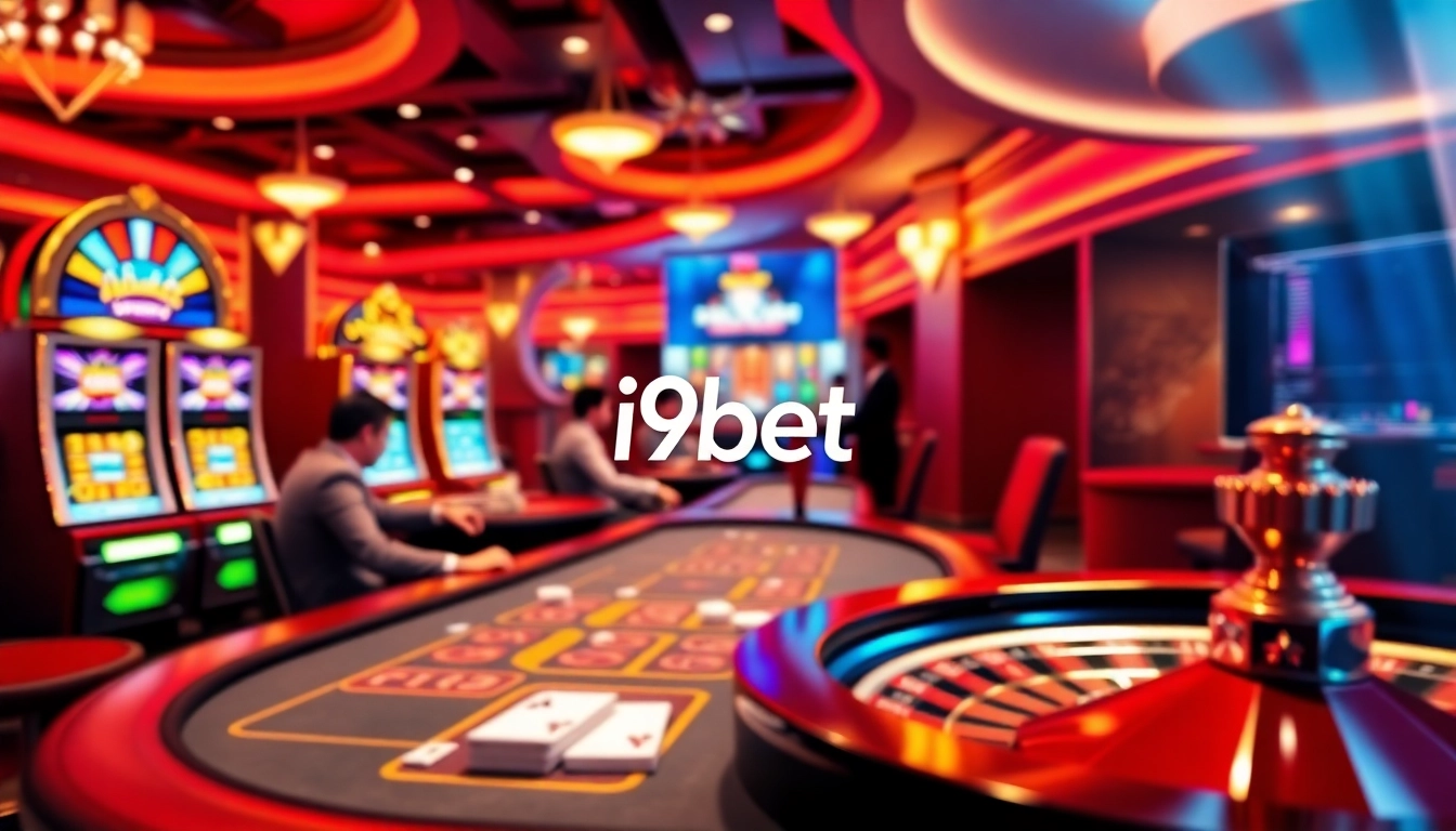 i9bet players celebrating a big win at a vibrant casino table with poker chips and flashing slot machines.
