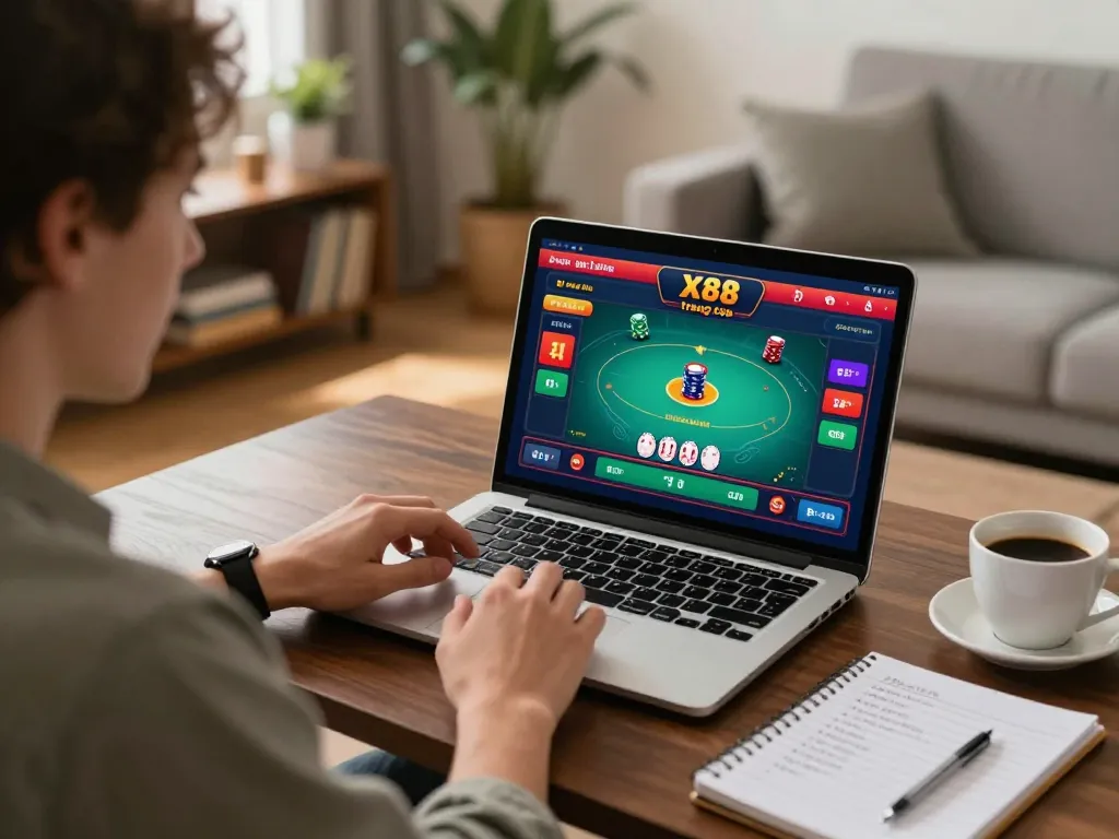 X88 trang chủ interface displayed on a laptop screen during an online poker game, capturing an engaging home gambling experience.