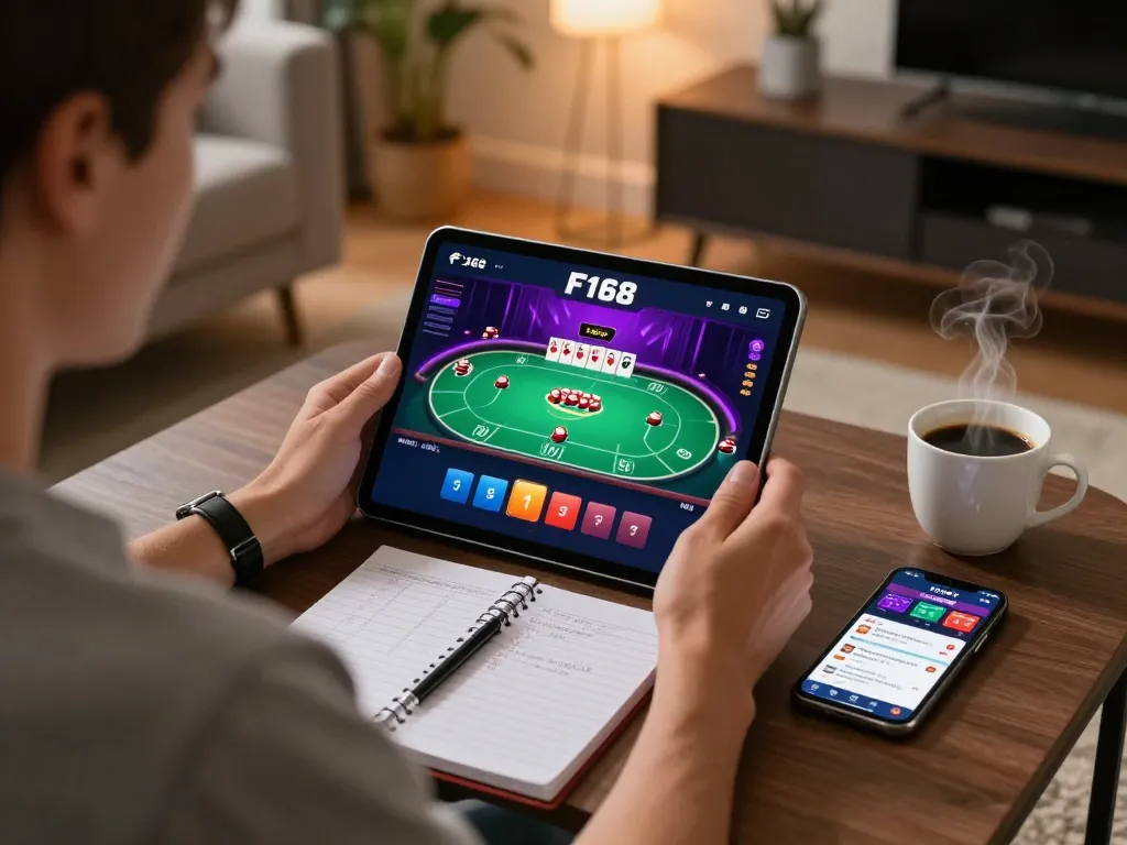 Engaging in strategic poker gameplay on the F168 app in a cozy home setting.