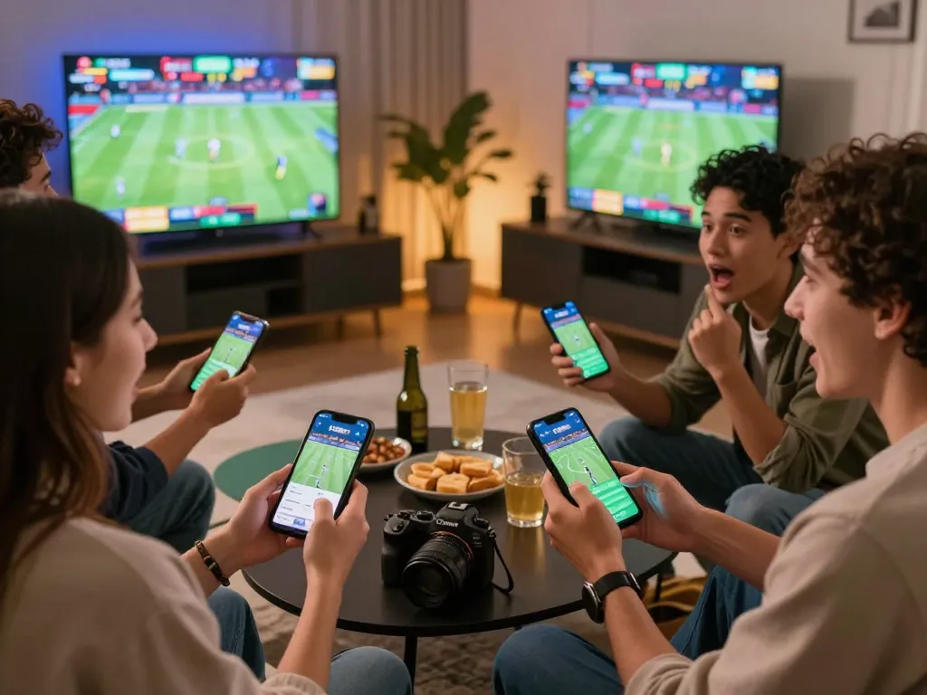 Friends engaging in sports betting using the F8BET app in a lively home setting.