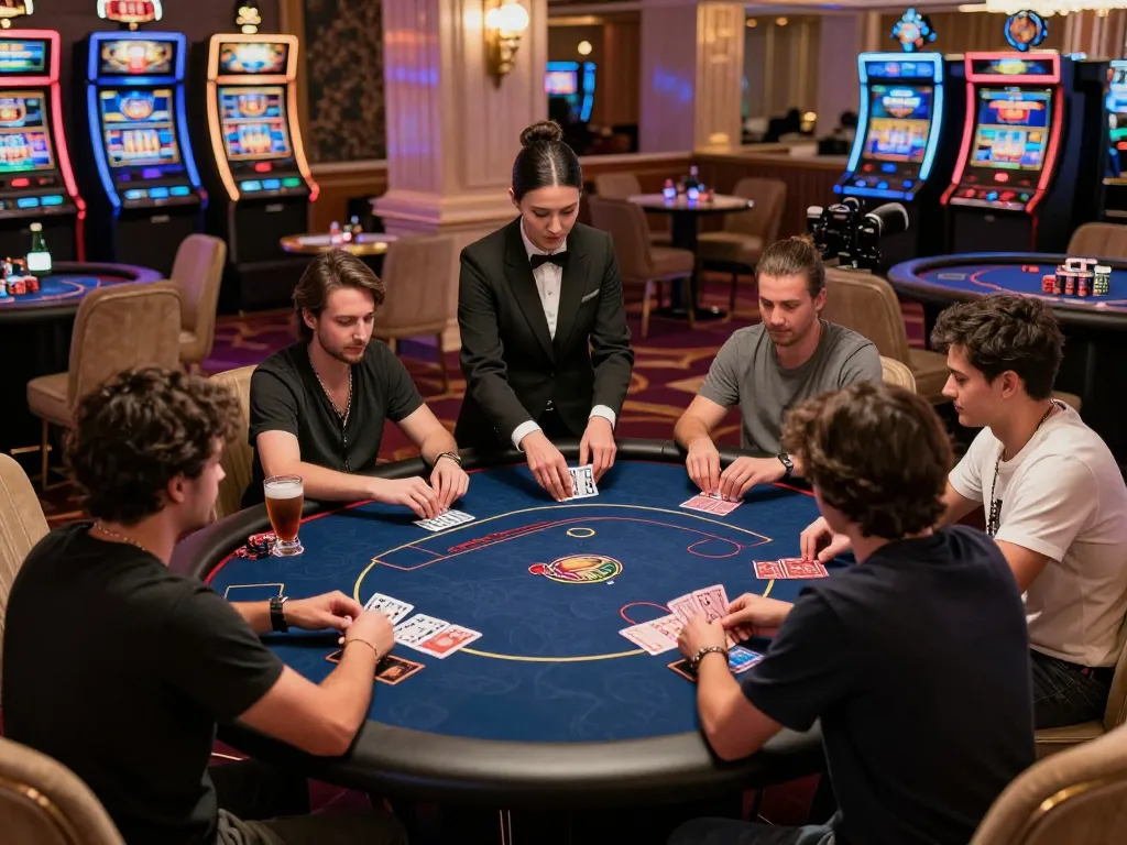 Engaged players strategizing at max88 poker table in a luxury casino setting.