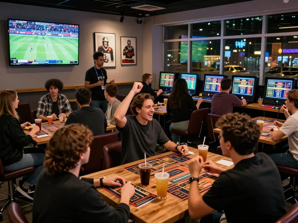 Friends enjoying sports betting experience at rikbet lounge with live screens.