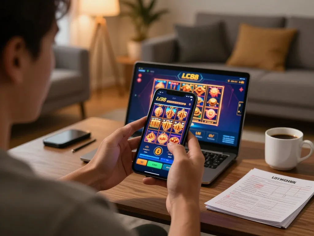 Experience gameplay with LC88 casino app on a smartphone in a cozy home setting.