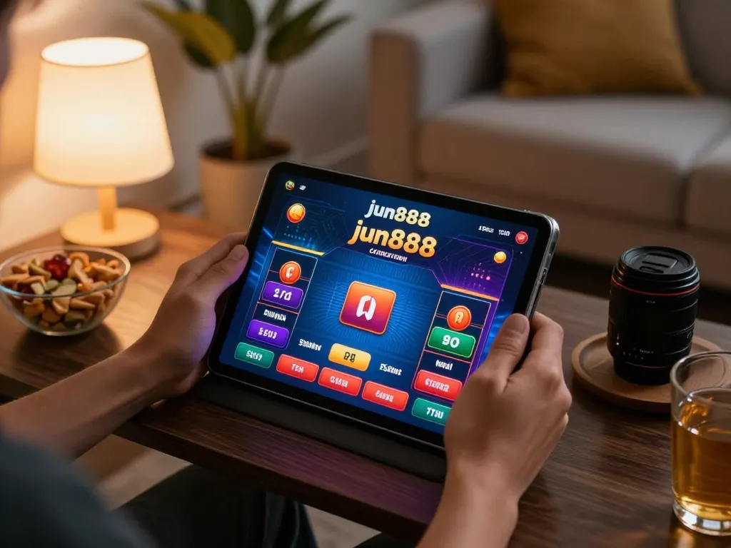 Playing the jun888 casino app on a tablet during a cozy home gaming session.