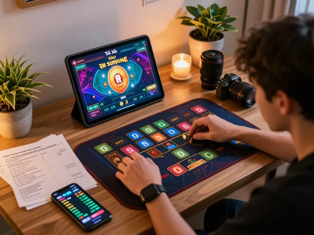 Tài Xỉu Sunwin gameplay on tablet screen with user focused on betting strategy in a cozy home setting.