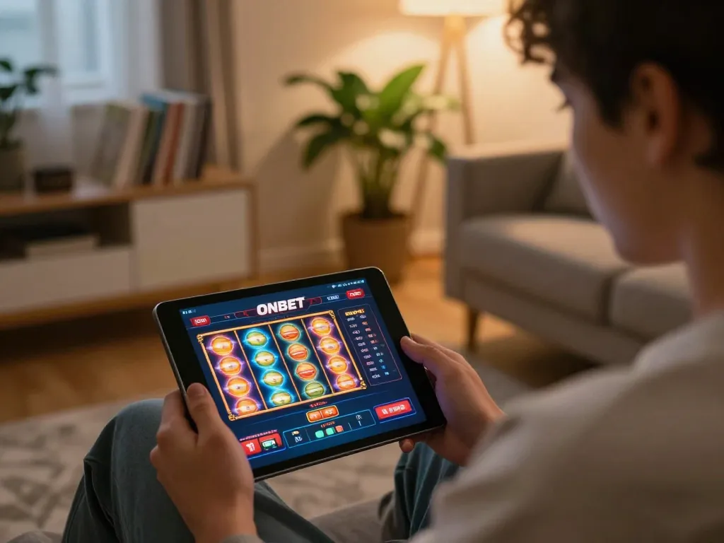 Engaging in online gaming at home, tải onbet app displayed on tablet for an immersive experience.