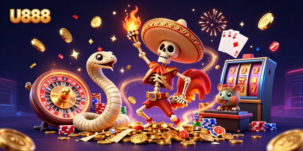 U888 engaging casino illustration with vibrant characters and festive gaming elements.