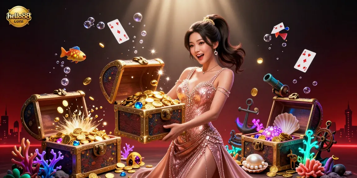 Experience winning at hello88 com with an Asian woman presenting treasure overflowing with coins and gems.