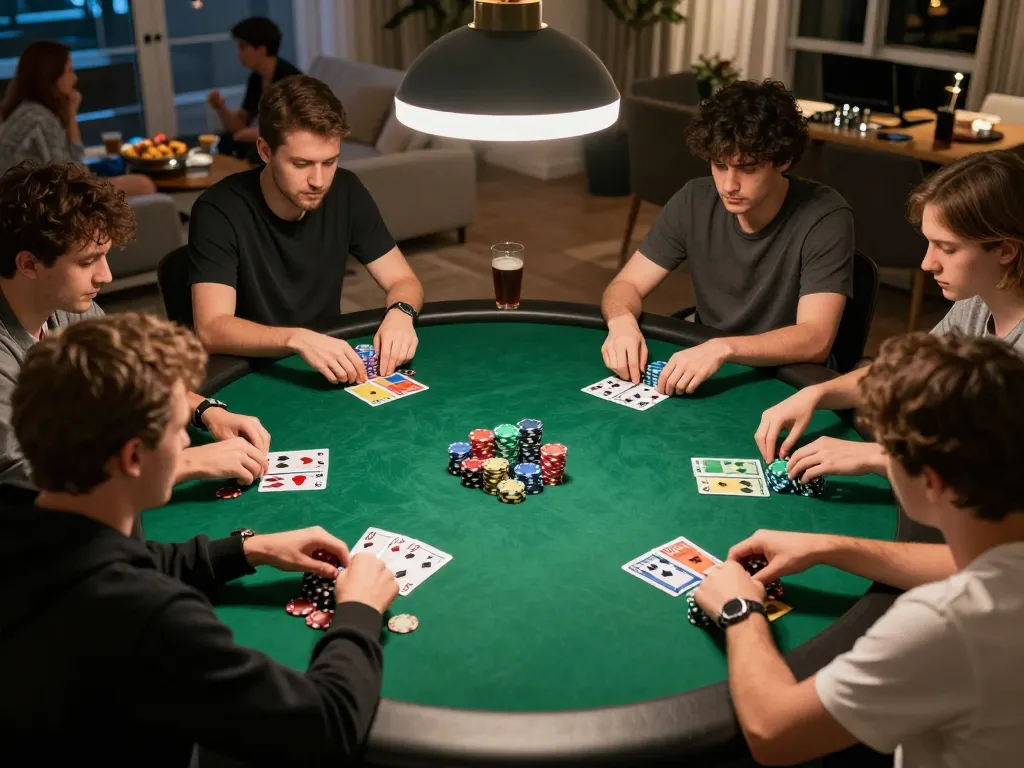 Engaged players at a live poker game night using dw8, showing cards and chips in a cozy home atmosphere.