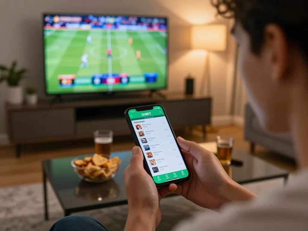 Person placing strategic bets on the SHBET app during a sports event in a cozy setting