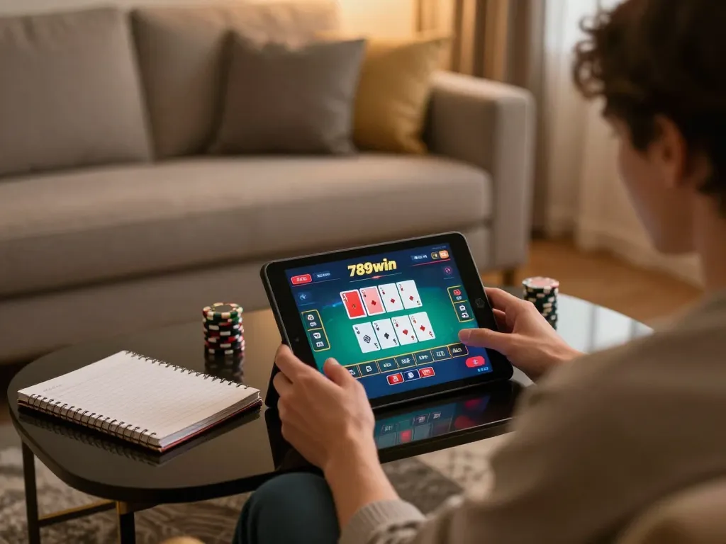 Engaging player enjoying poker at home with 789win app in a cozy setting.