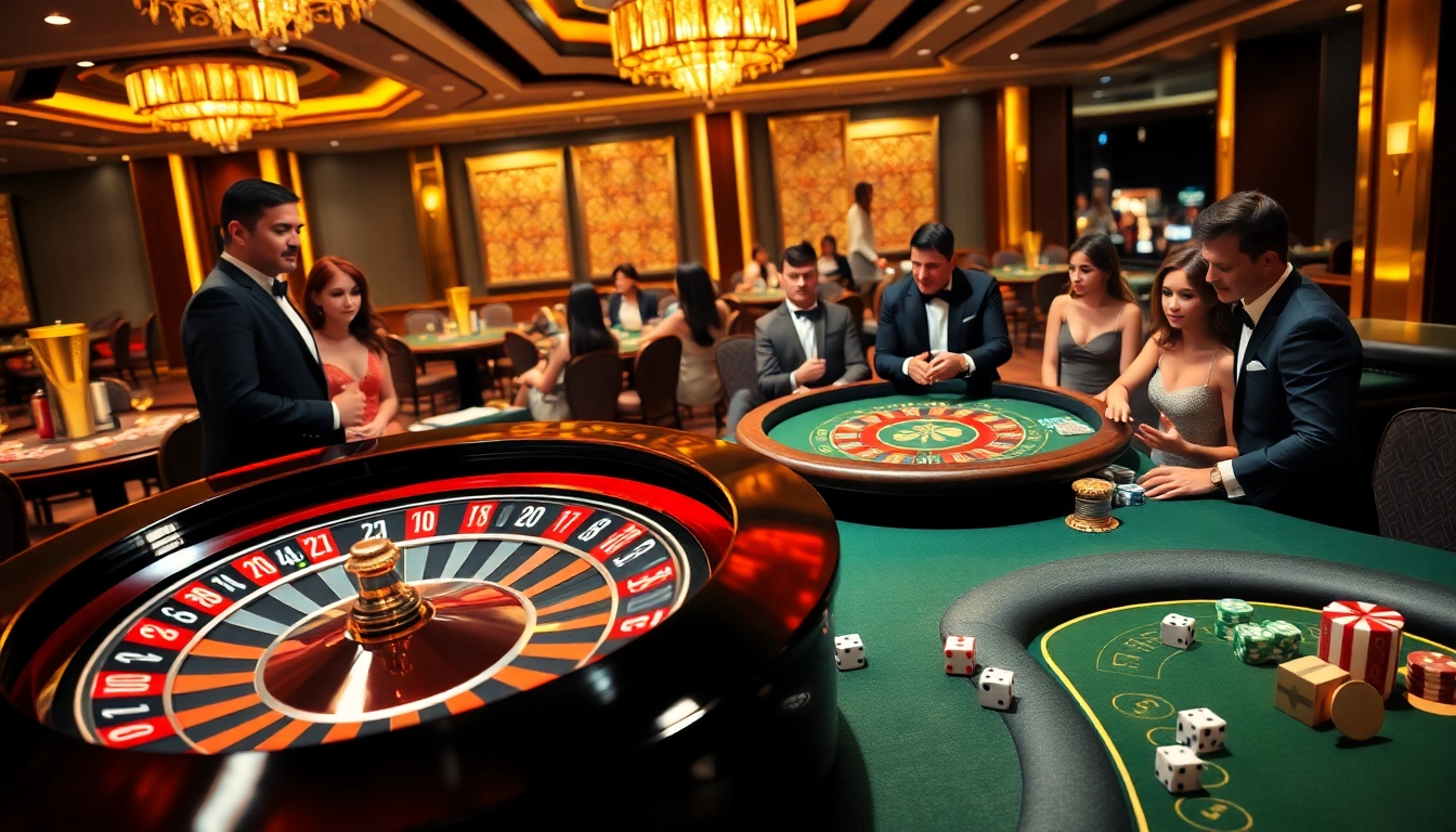SAY88 players celebrating a win over vibrant poker chips and roulette in a modern casino.