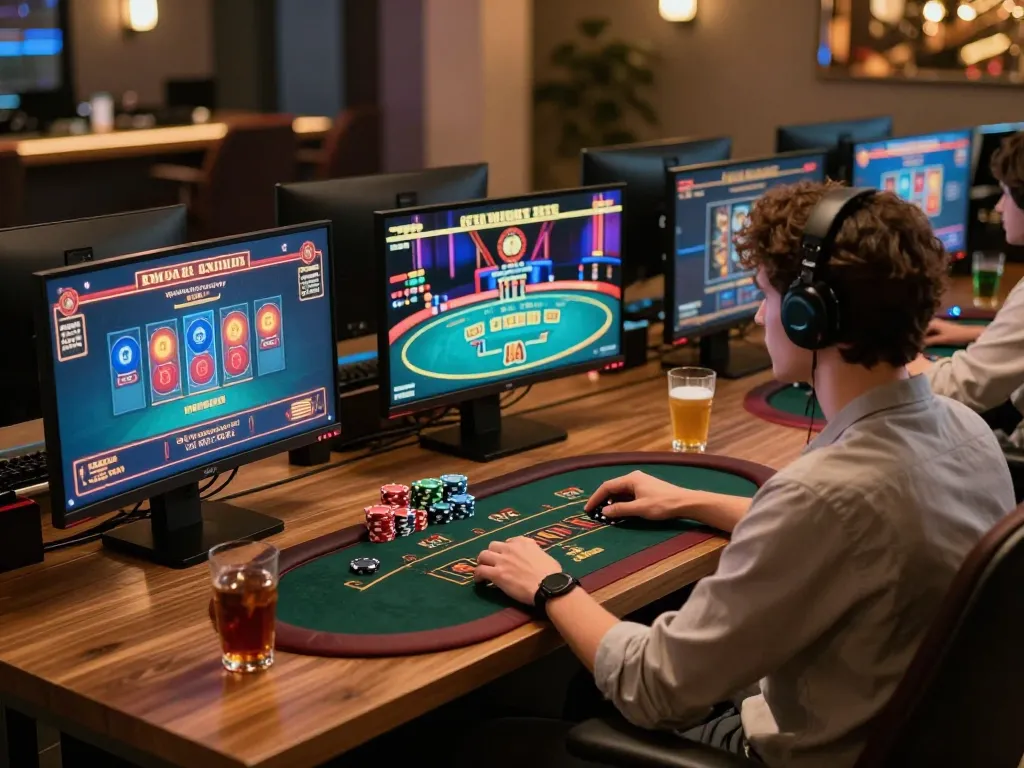 Engaging in strategic online gambling with Debet at a stylish gaming setup, showcasing excitement and focus.