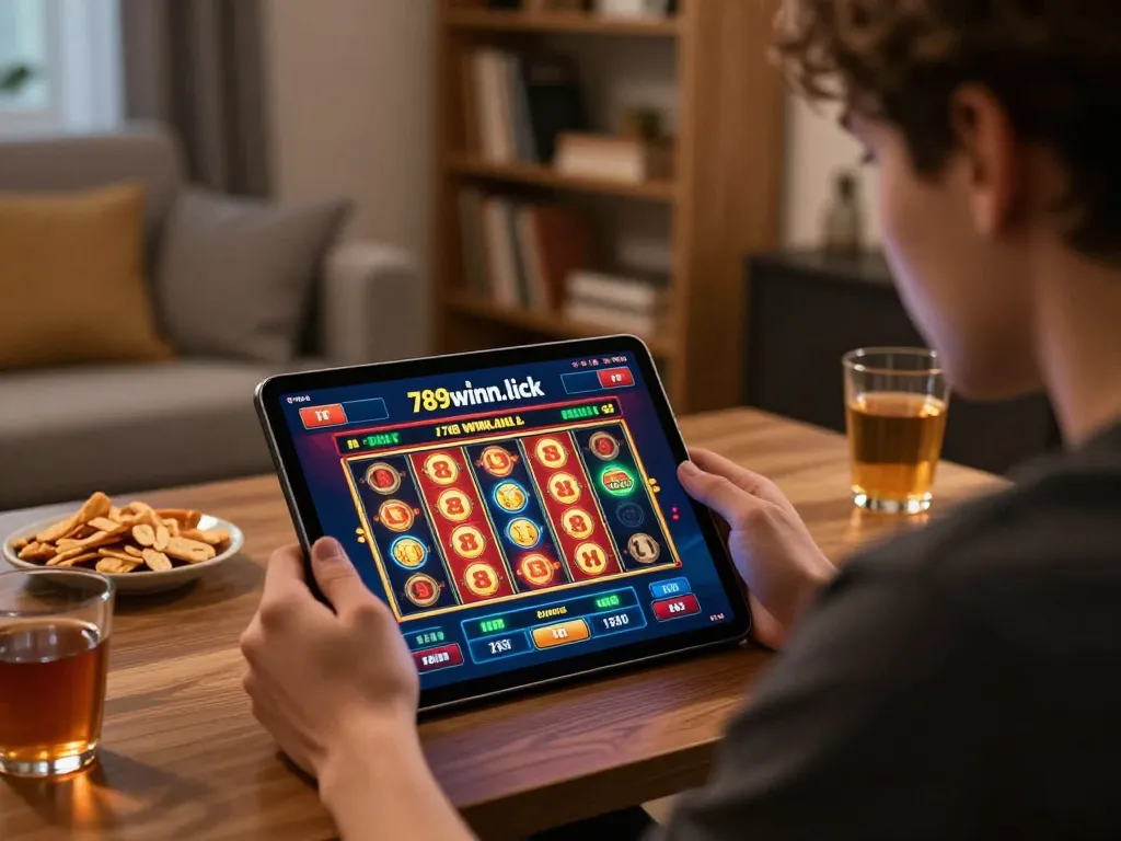 Engaged player using 789winn.click tablet for online slot gaming in a cozy living room setting