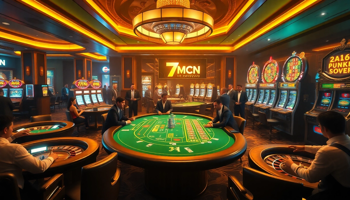Players engaged in high-stakes poker at a luxurious casino, featuring 7mcn branding.