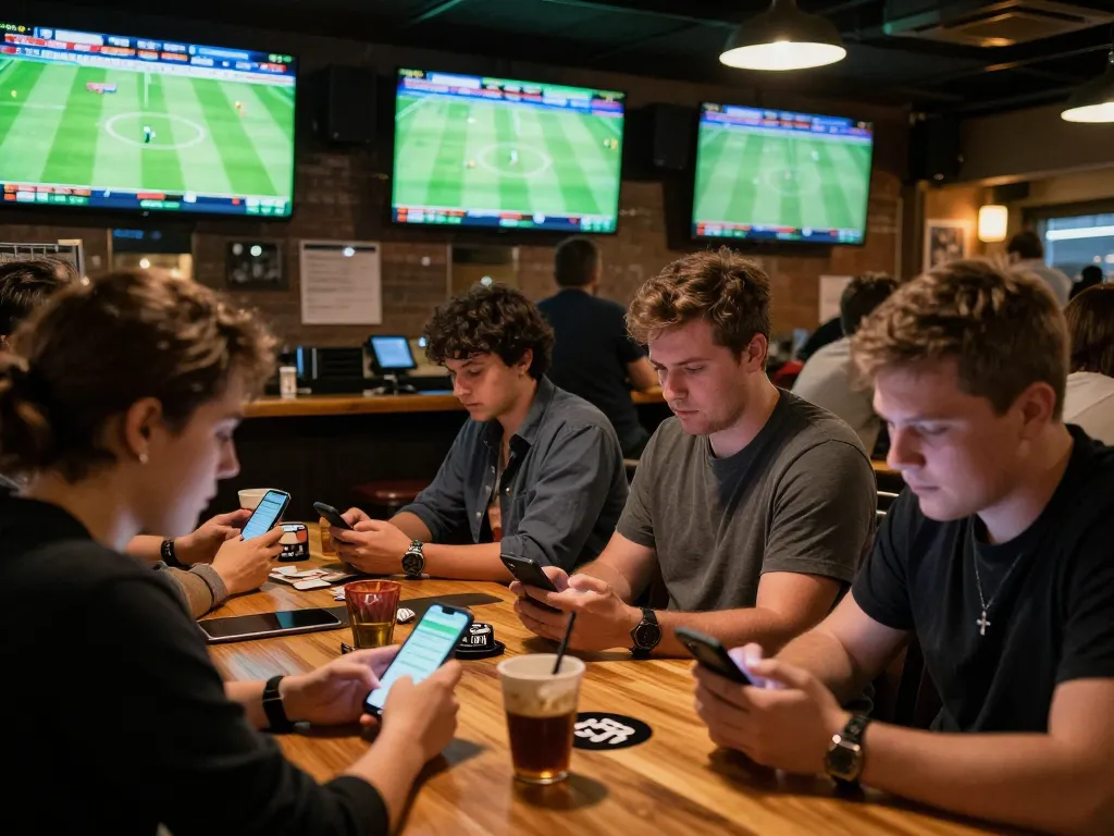 nowgoal sports betting scene with engaged patrons analyzing live match updates on screens and betting apps.