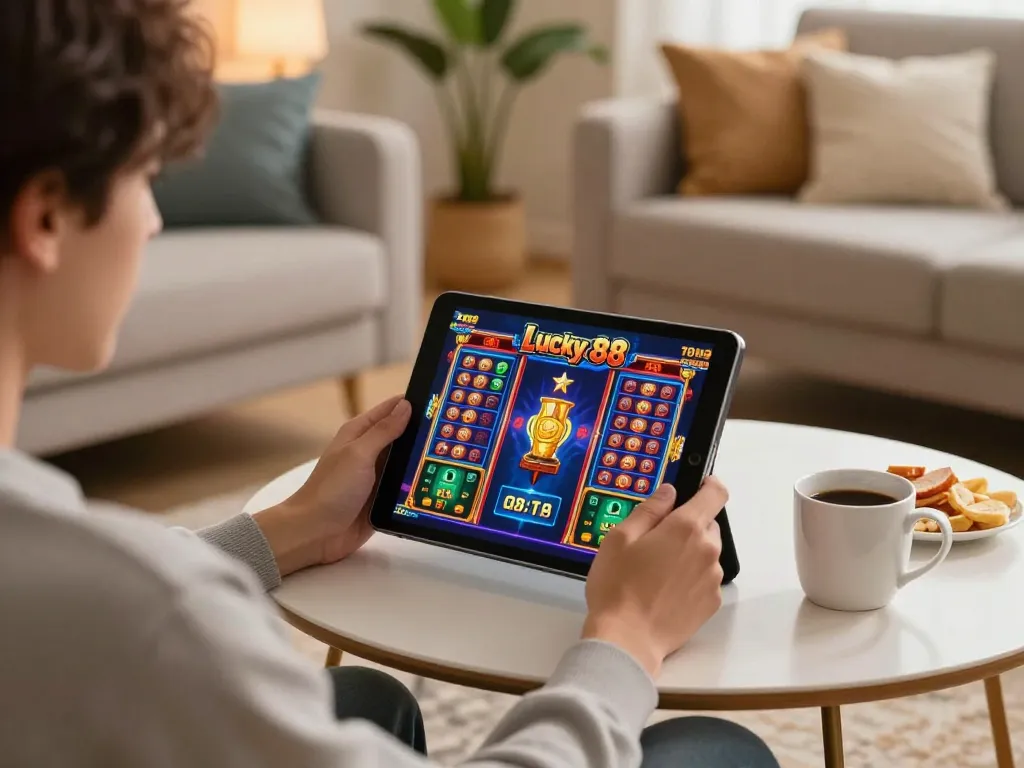 Enjoying a lucky88 online gaming session on a tablet in a cozy home setting.