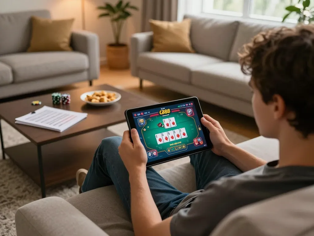 Engaging in GA 888 online gaming on a tablet, featuring vibrant poker gameplay.