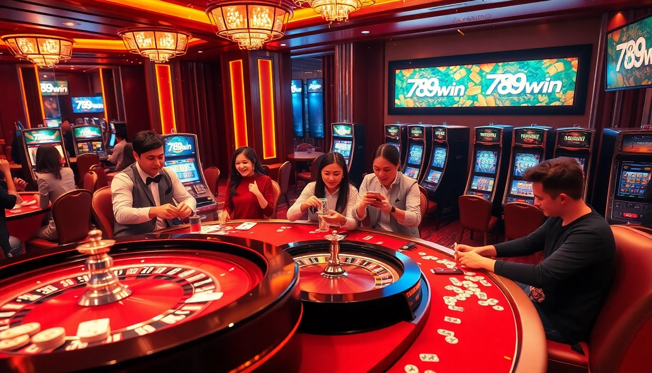 Experience the thrill of gaming at trang chủ 789win, showcasing an online casino with vibrant tables and excited players.