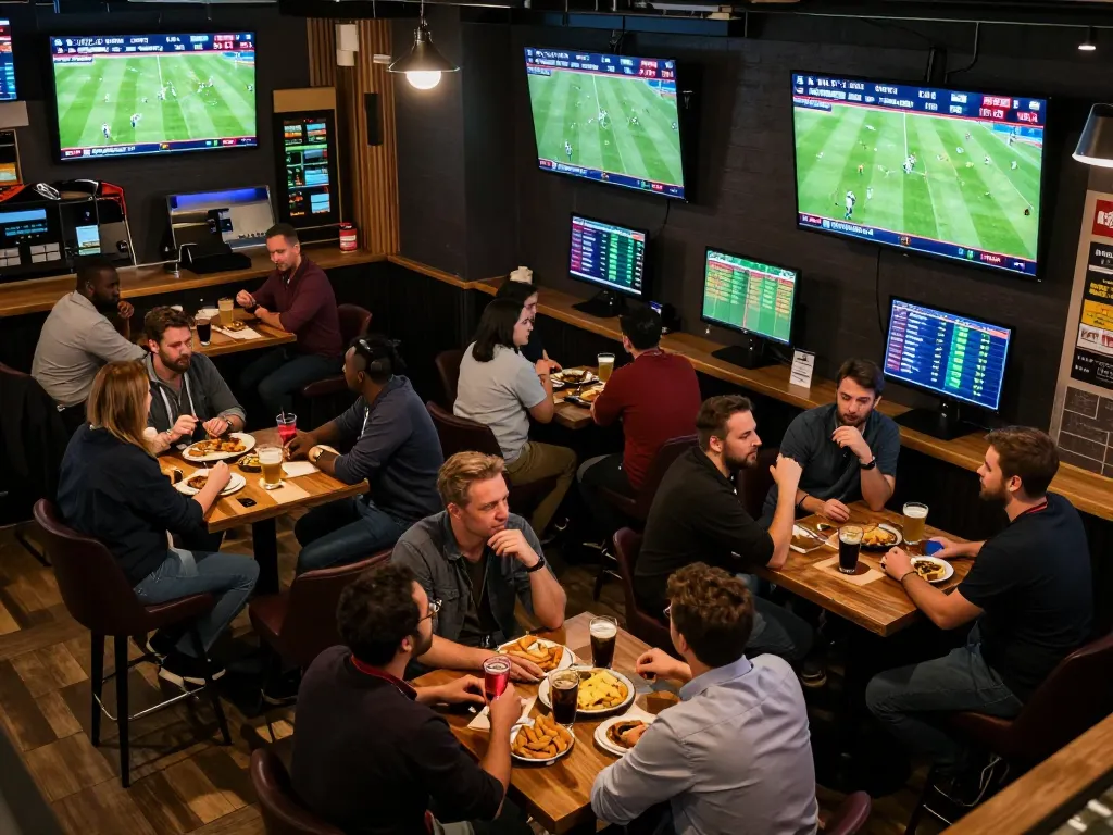 7mcn bettors engaging in dynamic sports wagering during a live match, screens displaying exciting odds and stats.