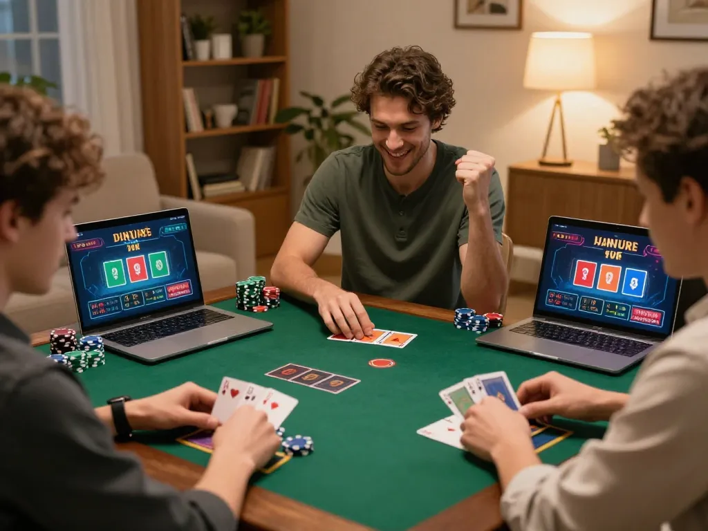 Players experiencing excitement with blackjack game on 789winh, showcasing chips and cards in a lively home setting.