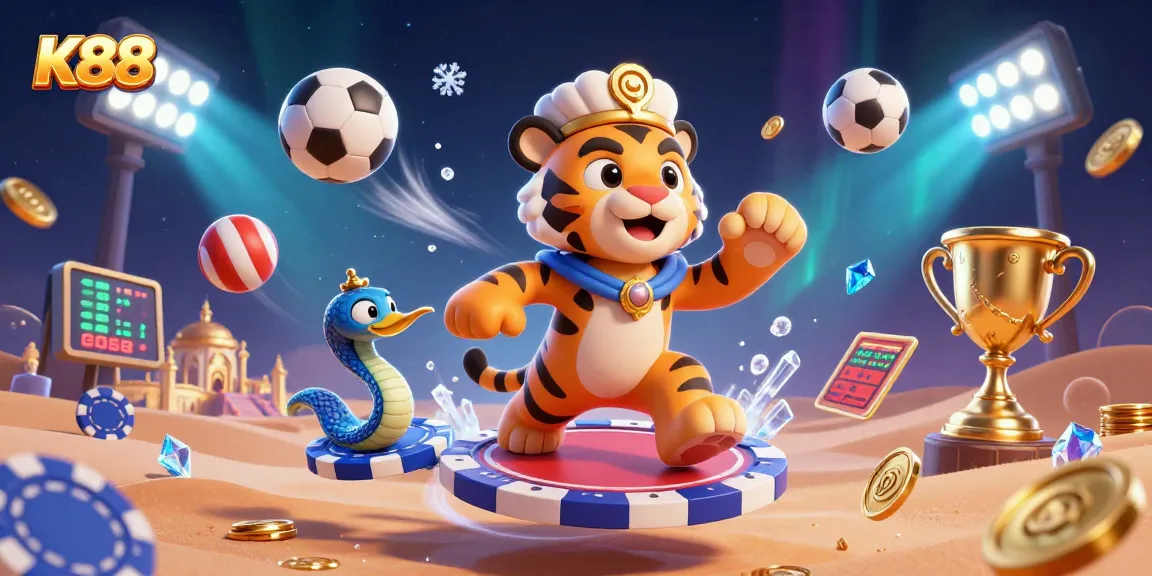 K88 offers vibrant gaming with a dynamic illustration of a tiger sultan and sports elements in a magical casino setting.