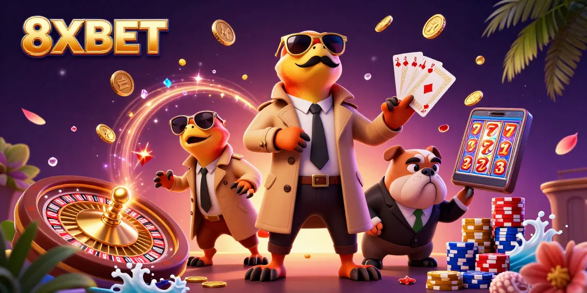 Experience excitement with 8XBET at this vibrant VIP casino entrance scene featuring dynamic raptors.