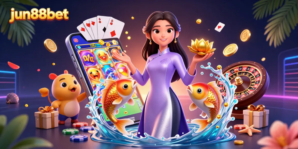 Engage in gaming excitement at jun88bet with vibrant 3D casino illustration, showcasing slot games and rich visuals.