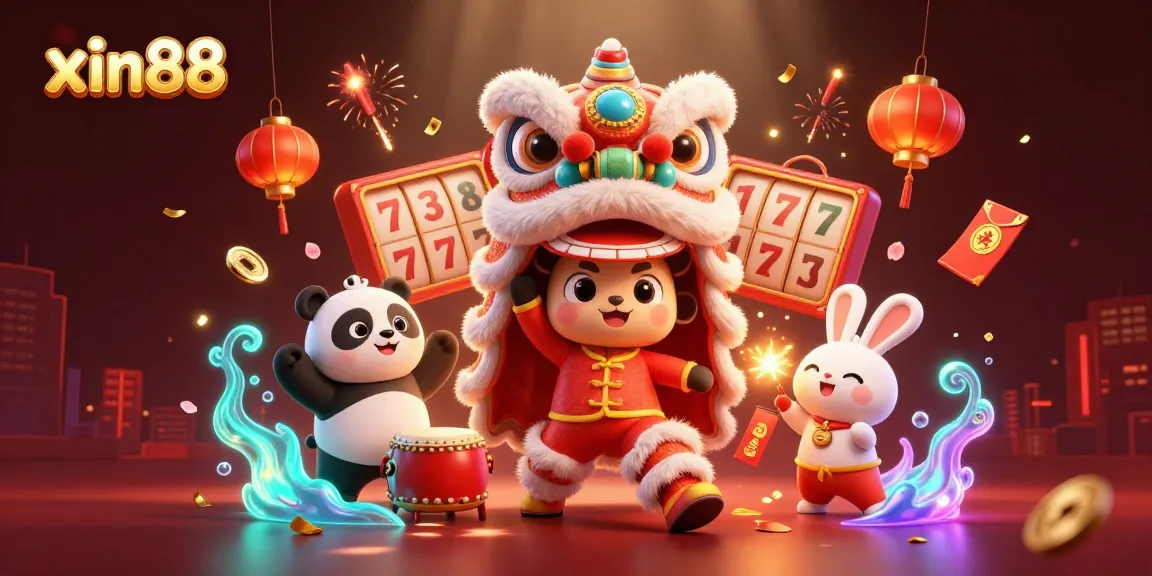 Play exciting games at xin88, featuring a lively lion dance and captivating casino elements.