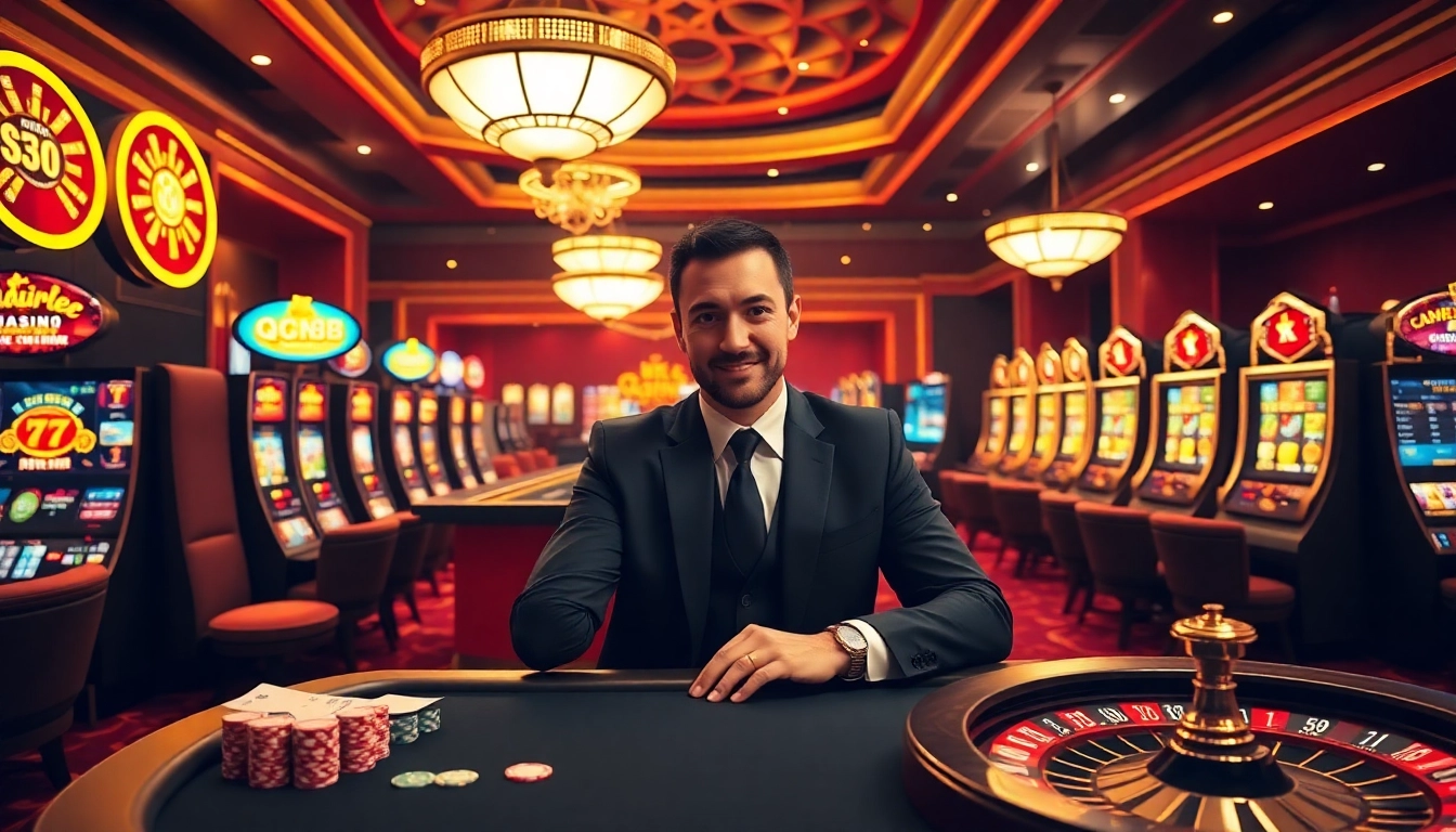 Register on QQ88 with excitement at a luxurious casino setting showcasing vibrant gambling elements.