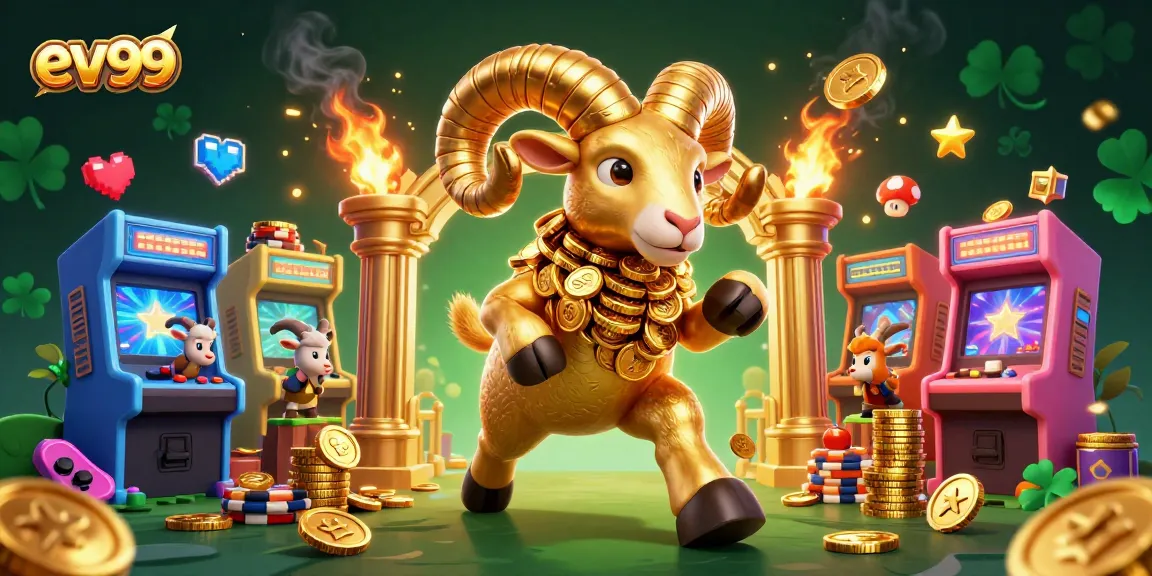 Experience the thrill of ev99 with a golden ram charging through a vibrant casino scene.