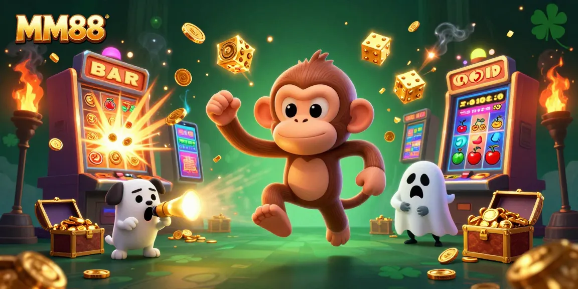 Experience the thrilling world of MM88 with a ghost-hunter puppy tracking a mischievous poltergeist monkey in a vibrant casino scene.