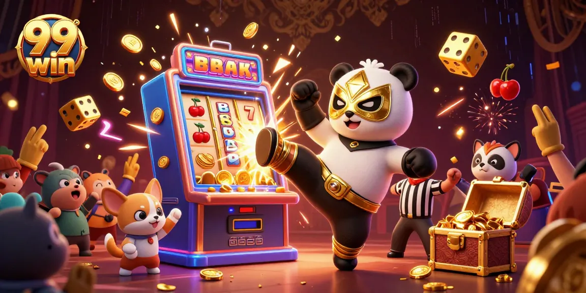 Join exciting wins at 99 win with a vibrant scene featuring dynamic gambling elements and characters.