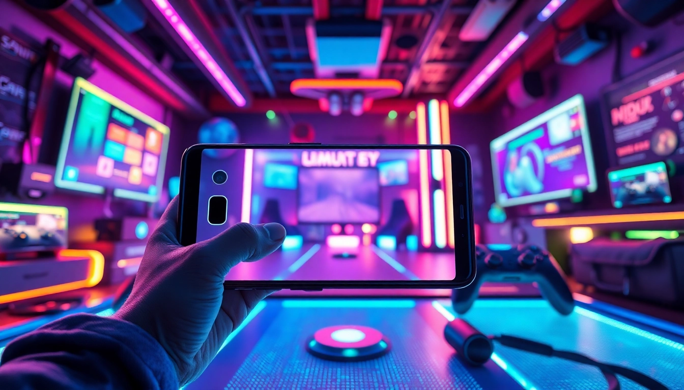 S8 smartphone showcased in a vibrant gaming environment, featuring exciting accessories and immersive atmosphere