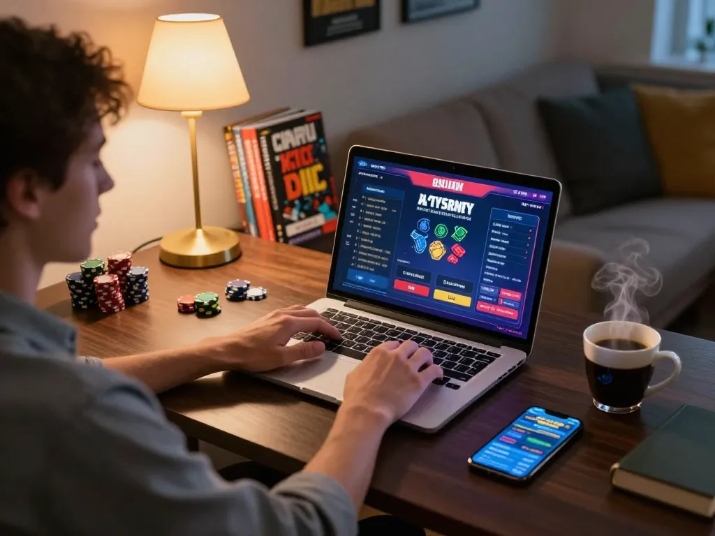 Person engaging in online casino gaming at home, showcasing keonhacaivn betting interface on laptop