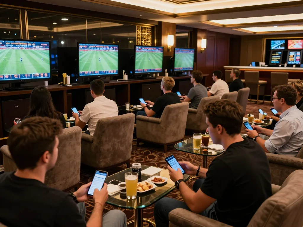 Tỷ Lệ Kèo Nhà Cái showcased in a luxurious sports betting lounge, players actively placing bets with smartphones in hand.
