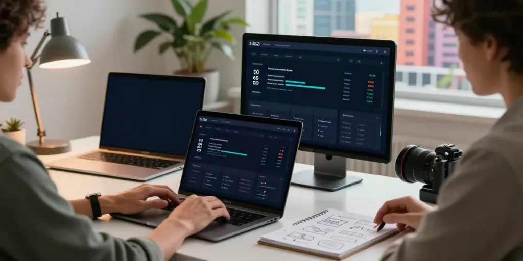 Content creator analyzing instant indexing data at a modern workspace.