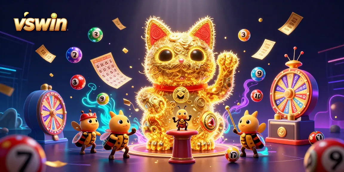 Experience vibrant casino action at vswin with a giant lucky cat and dynamic gambling elements.