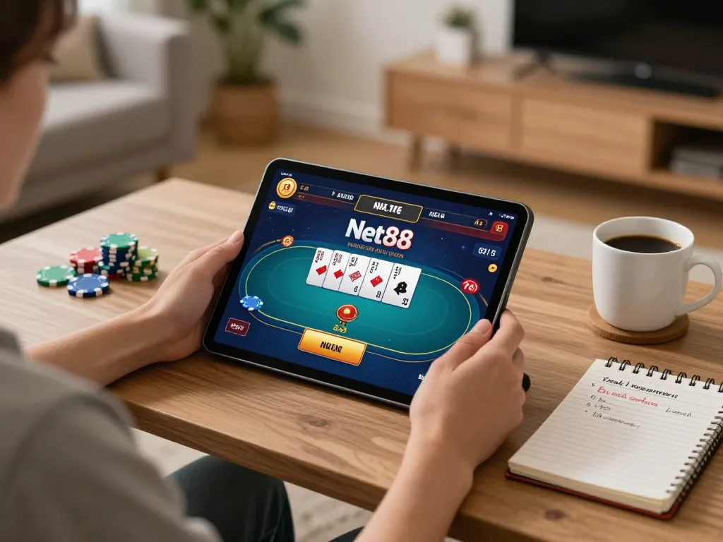 Person strategizing for Net88 poker game on tablet in modern home setting.