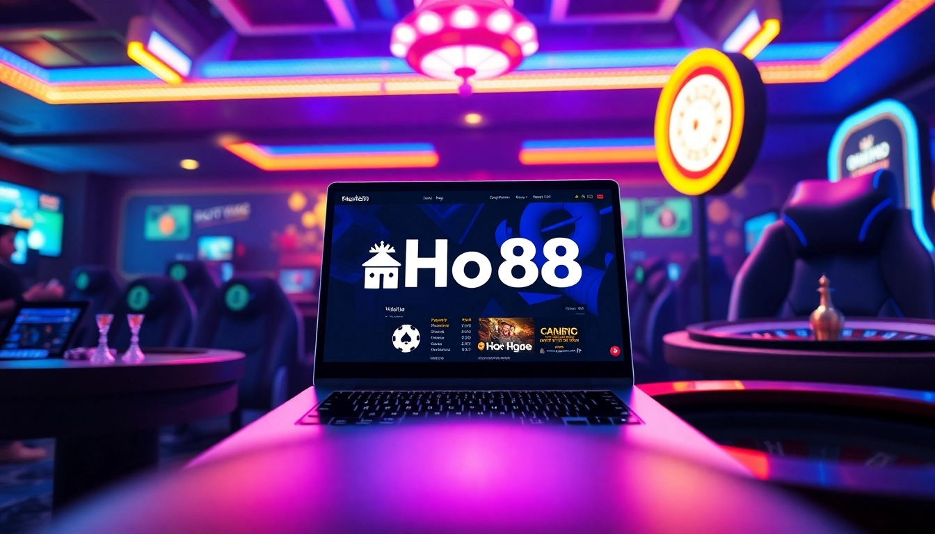 Dynamic online gambling scene with Ho88 platform, laptop, poker chips, and vibrant LED lights.