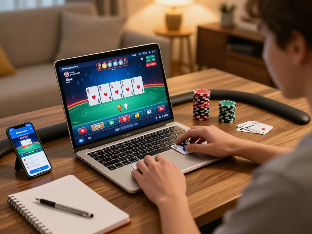 Playing poker on a laptop with vibrant casino interface, exploring Link Vào Jun88 for online gaming