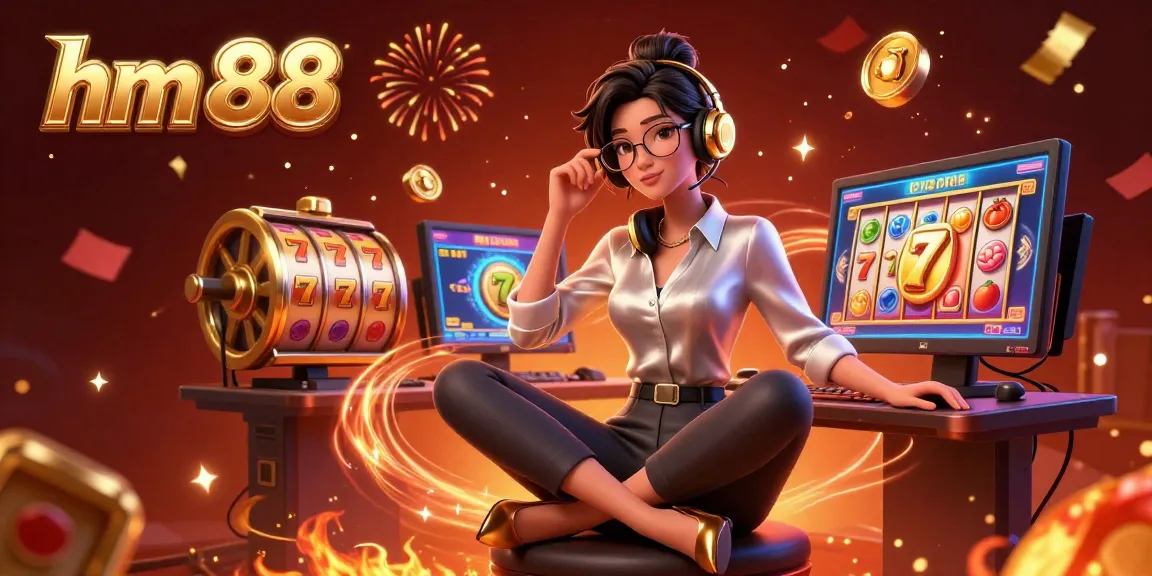 Engage with hm 88's thrilling slot games featuring vibrant symbols and an immersive high-tech gaming setup.