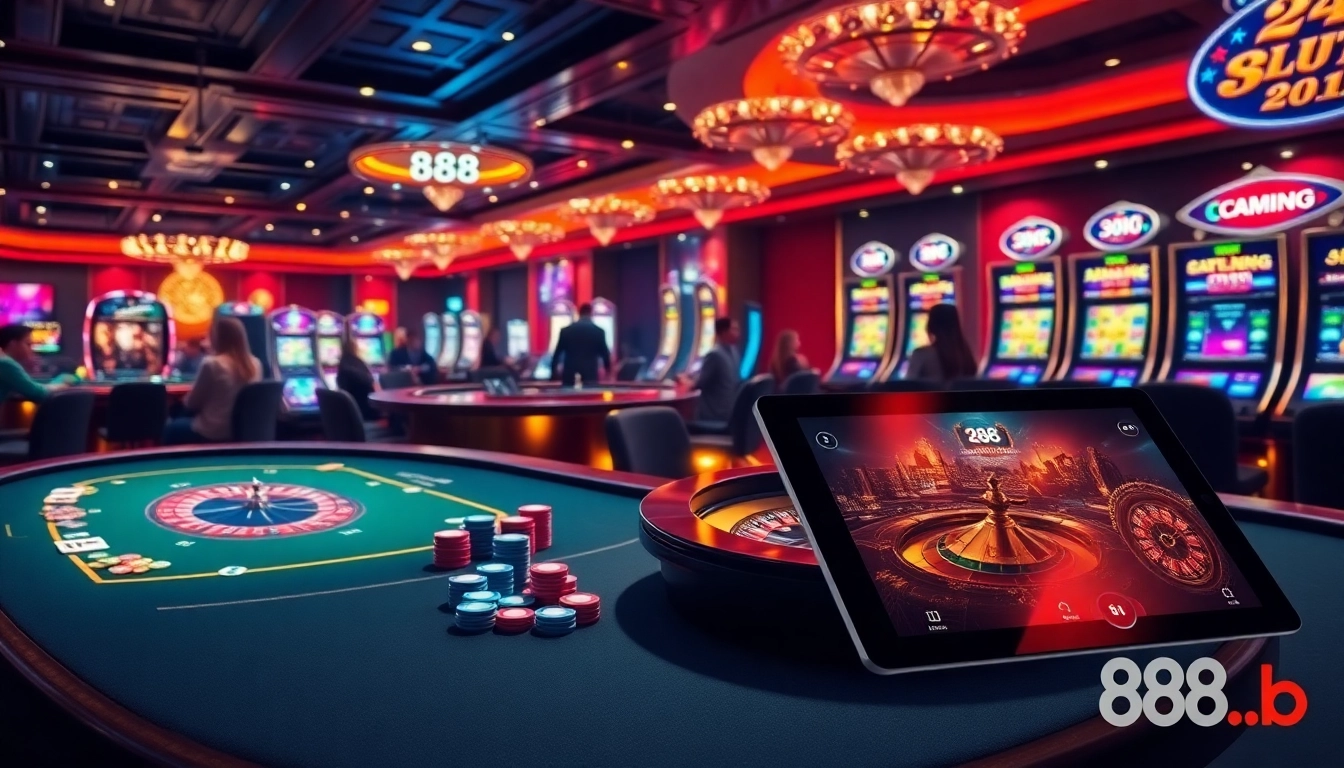 Players enjoying an exciting session at 888b casino tables, showcasing poker chips and a roulette wheel.